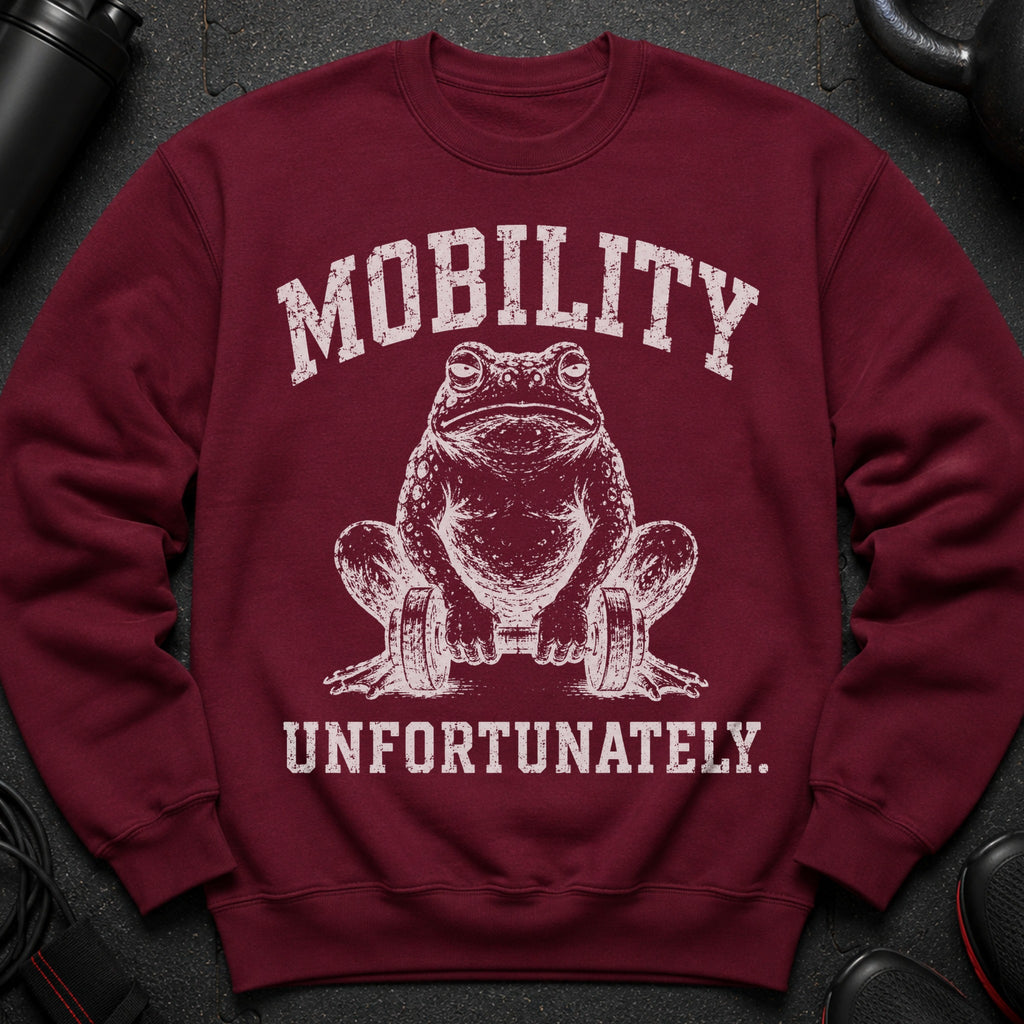Maroon sweatshirt with white text and distressed frog lifting dumbbells.