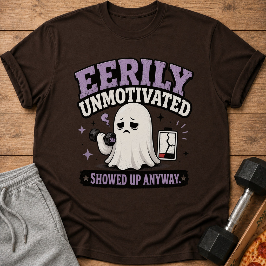 Brown t-shirt with a sad ghost lifting a 5lb weight and saying "Eerily Unmotivated."
