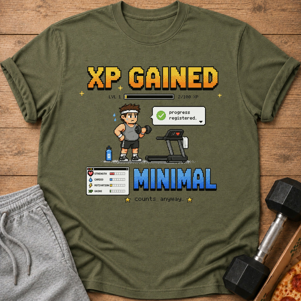 Green t-shirt with "XP GAINED" text, pixelated man lifting weights, and treadmill.