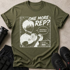 Olive green t-shirt with anime style graphic of a man lifting weights with text.