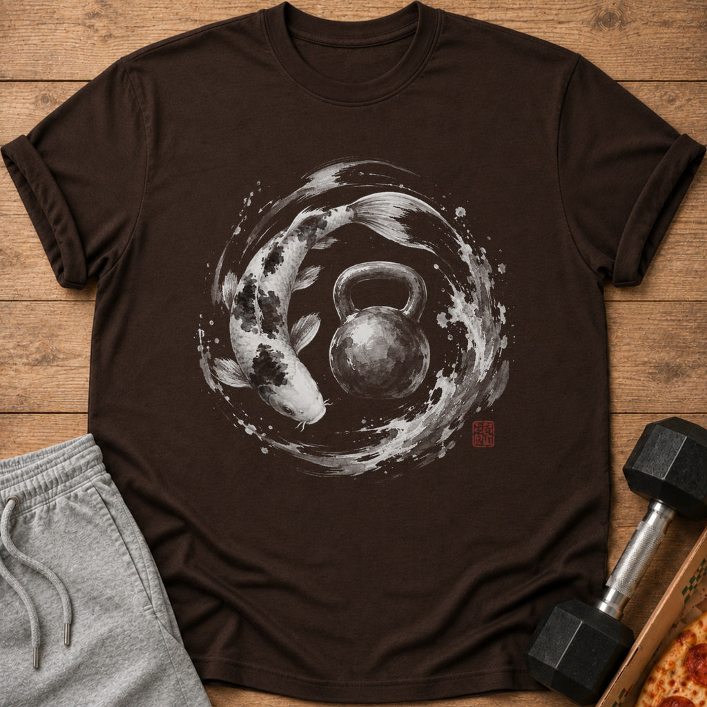 Brown t-shirt with a black and white koi fish and kettlebell graphic.