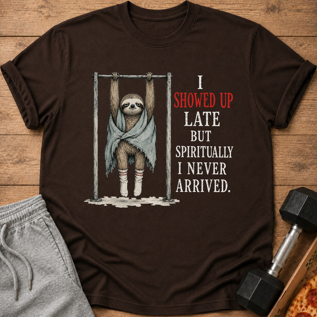 Brown t-shirt featuring a sloth hanging from a bar, text reads "I showed up late but spiritually I never arrived."