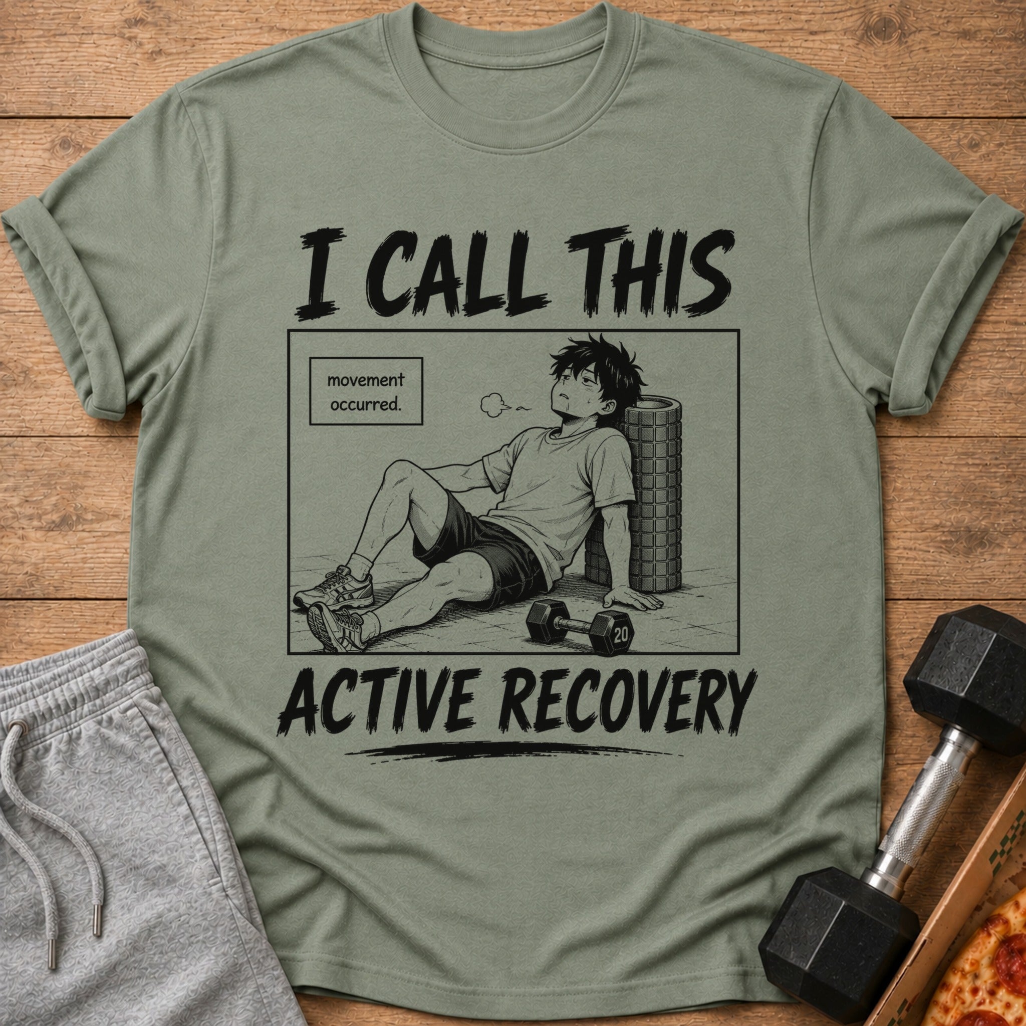 T-shirt with anime graphic of tired person titled "I CALL THIS ACTIVE RECOVERY".