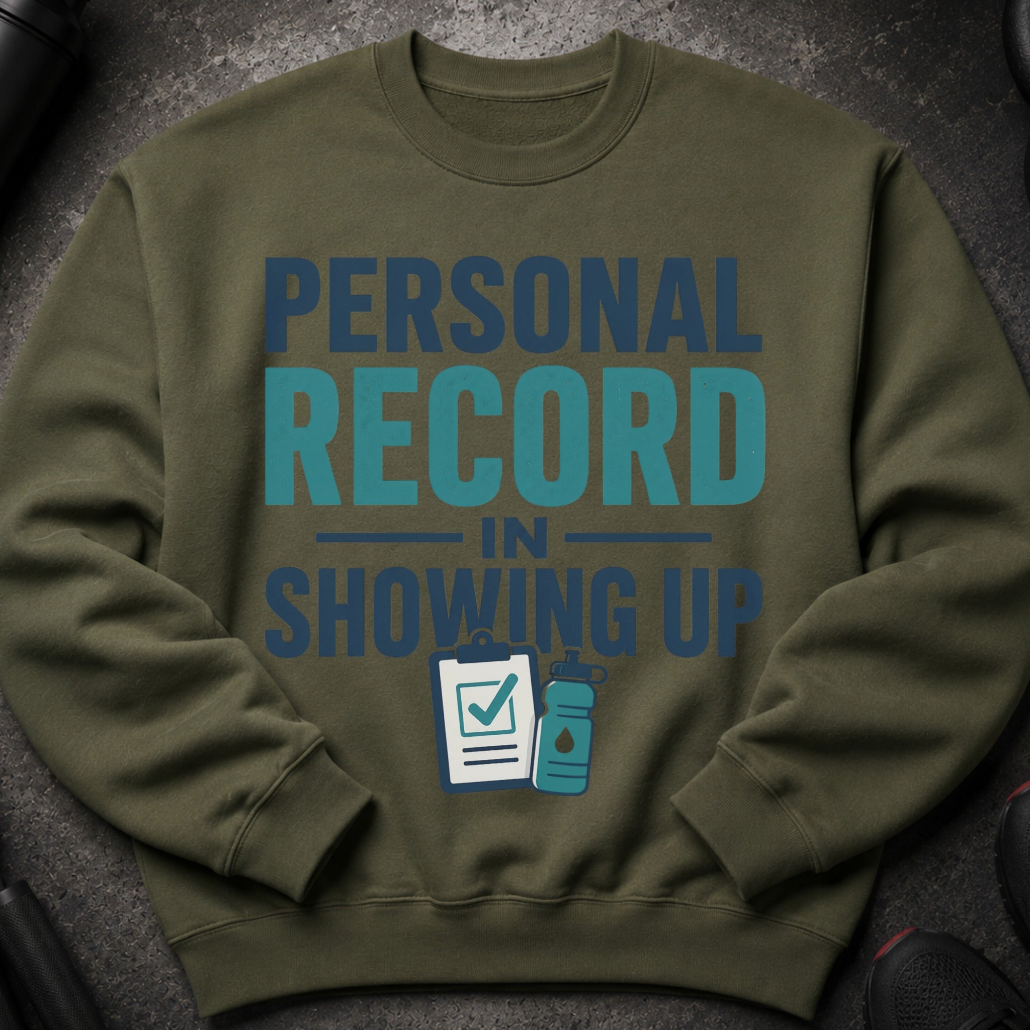 Olive sweatshirt with "PERSONAL RECORD IN SHOWING UP" text and fitness icons.