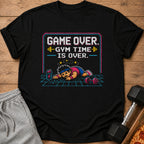 Black t-shirt with pixelated graphic "Game Over. Gym Time Is Over."