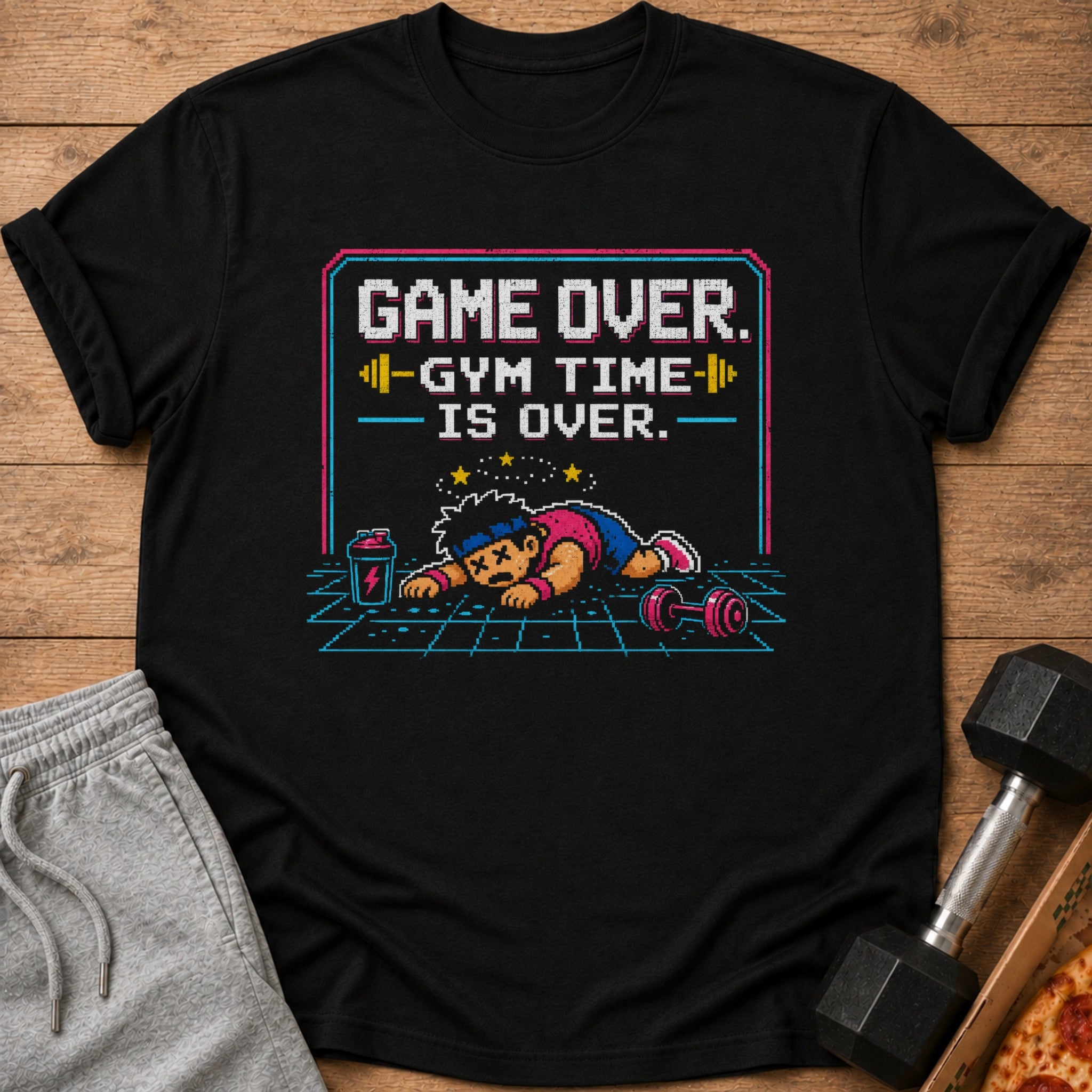 Black t-shirt with pixelated graphic "Game Over. Gym Time Is Over."