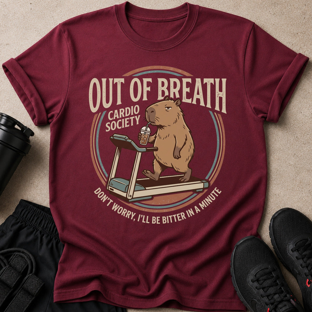Capybara on treadmill with drink, "Out of Breath Cardio Society" text.