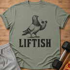 T-shirt with drawing of pigeon lifting dumbbell and text LIFTISH