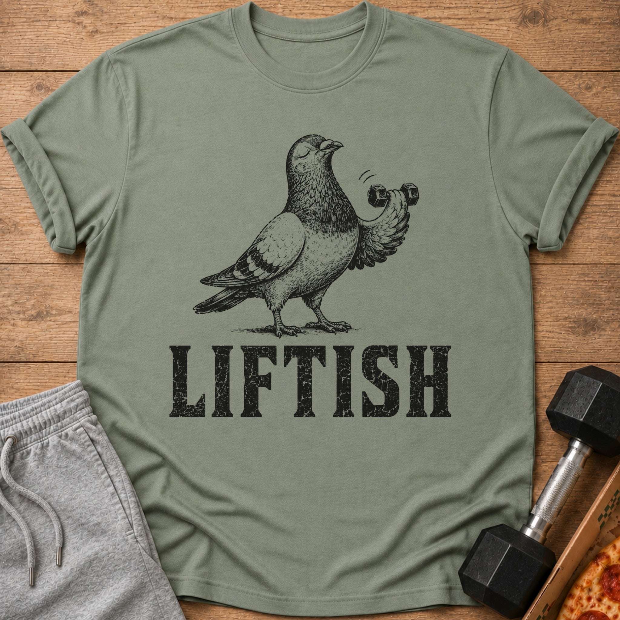 T-shirt with drawing of pigeon lifting dumbbell and text LIFTISH