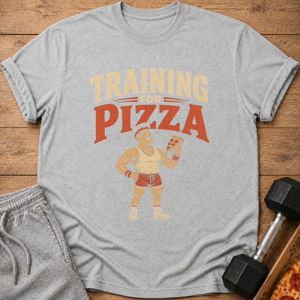 Grey t-shirt with text "TRAINING FOR PIZZA" and a cartoon of a muscular man holding pizza.