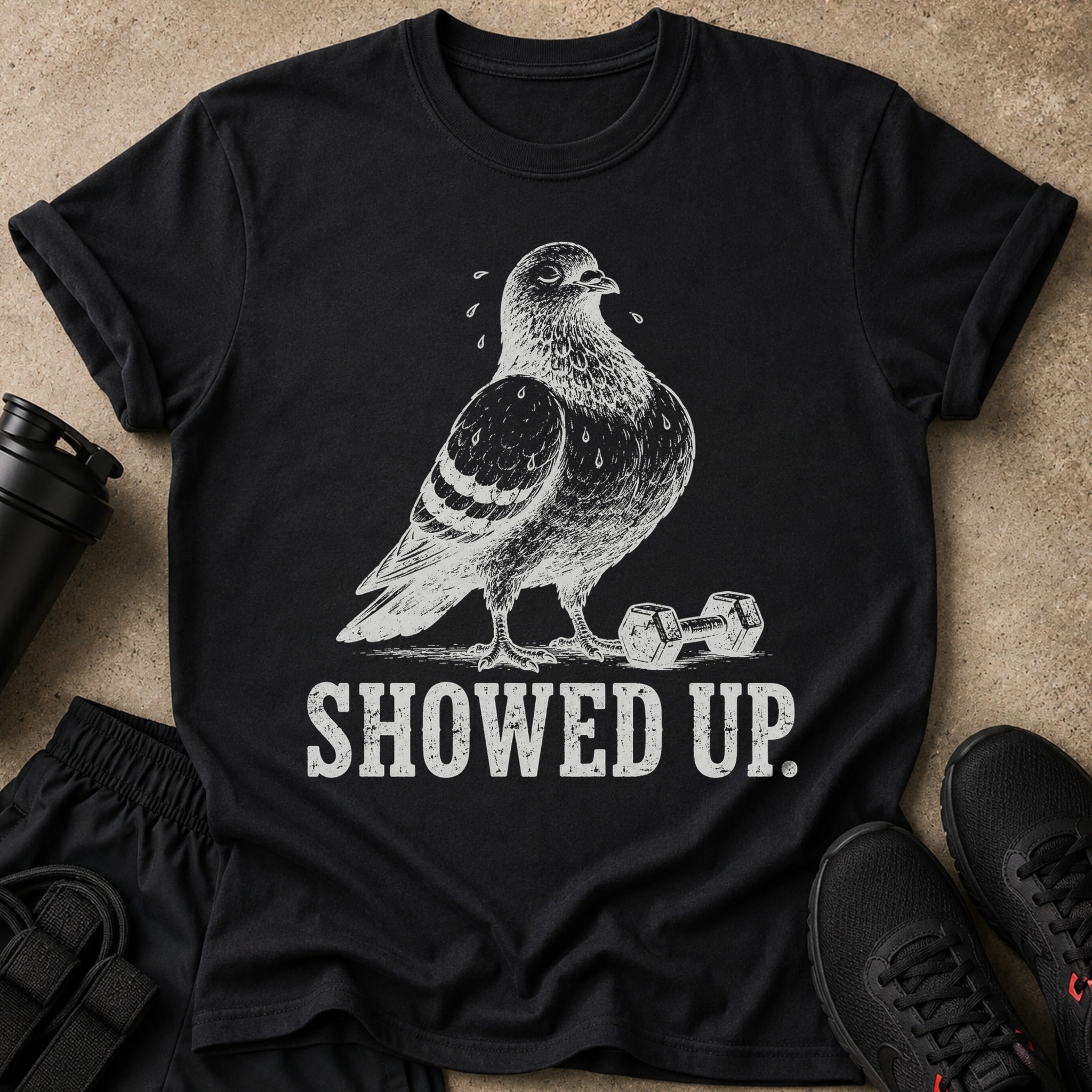 Black t-shirt with pigeon graphic and "SHOWED UP." text.