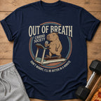 Navy t-shirt with capybara on treadmill graphic, text "Out of Breath Cardio Society".