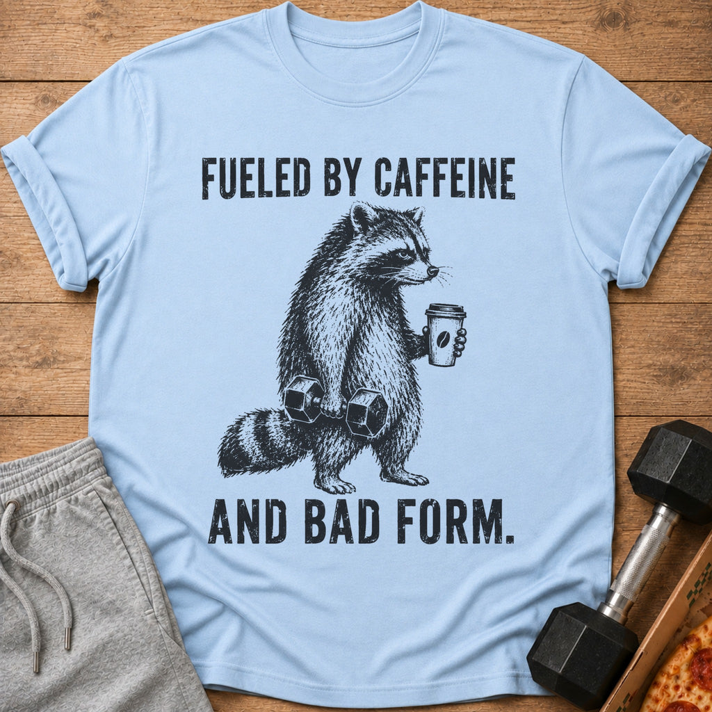 Light blue t-shirt with a raccoon lifting weights and holding coffee, "Fueled by Caffeine And Bad Form."