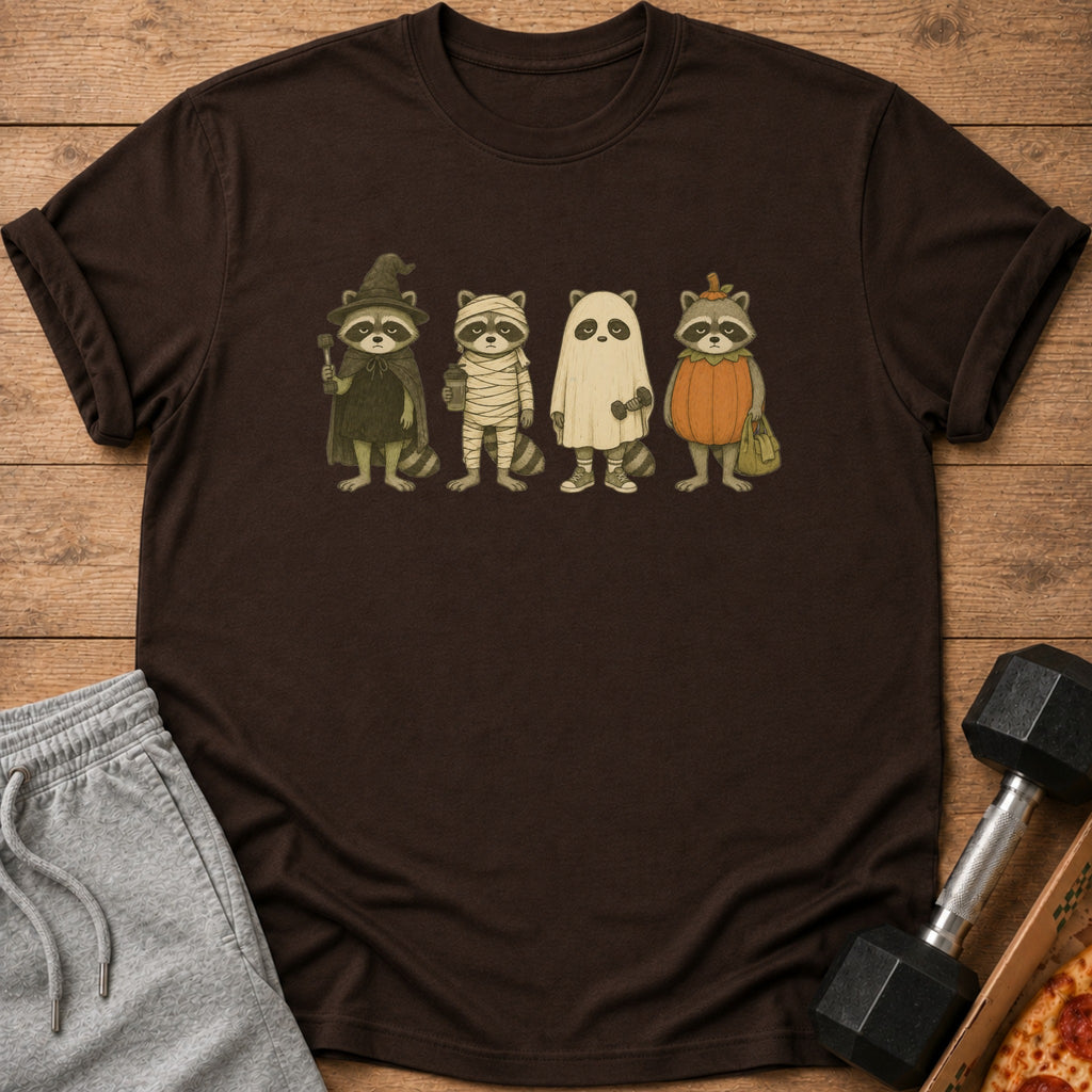 Four raccoons in Halloween costumes: witch, mummy, ghost, and pumpkin.