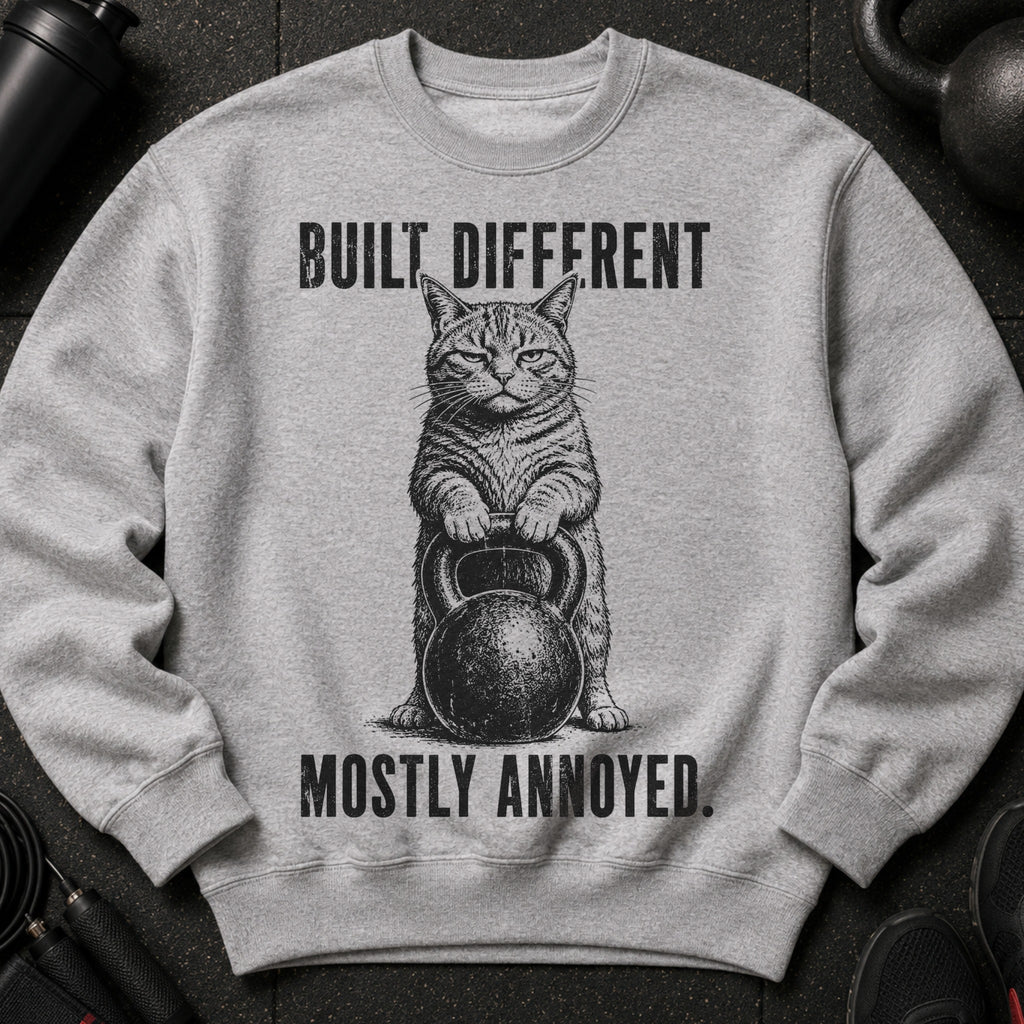 Grey sweatshirt with a cat holding a kettlebell and text: Built Different. Mostly Annoyed.