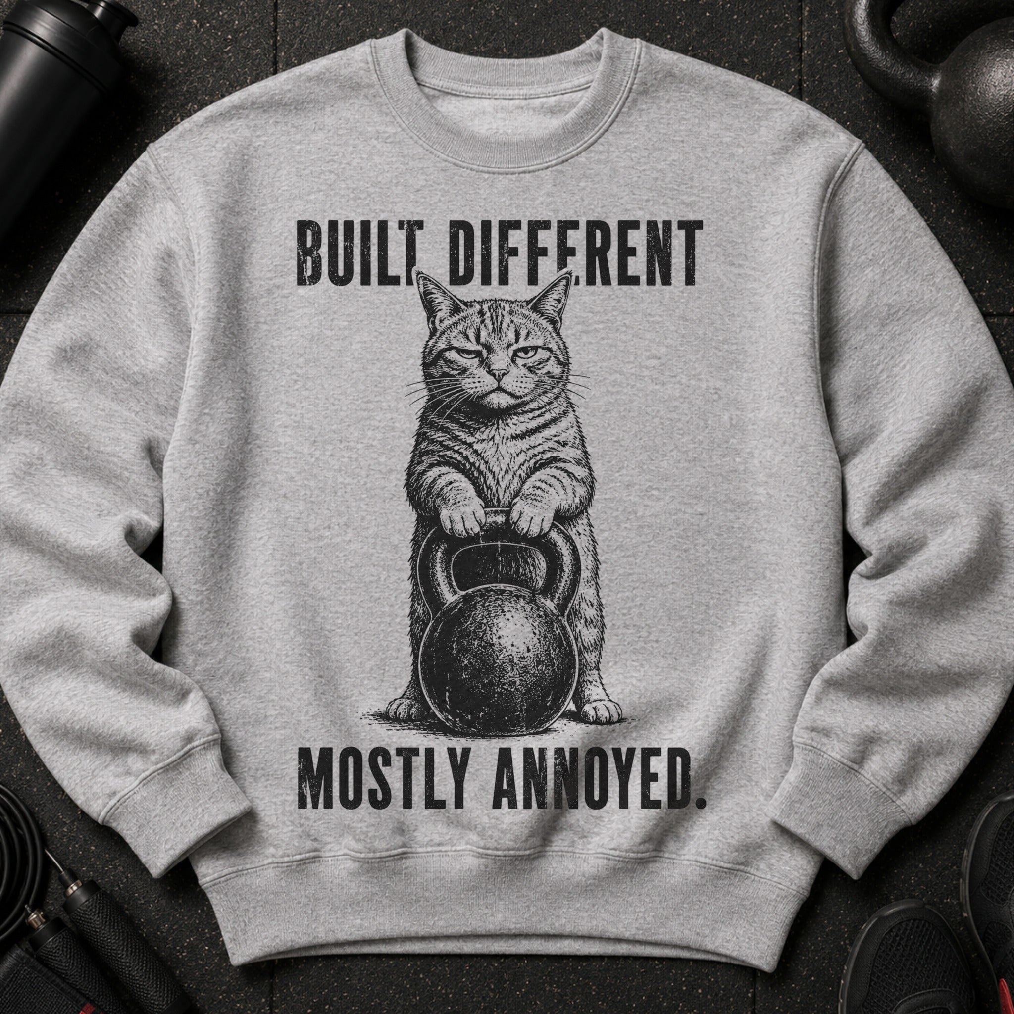 Grey sweatshirt with a cat holding a kettlebell and text: Built Different. Mostly Annoyed.