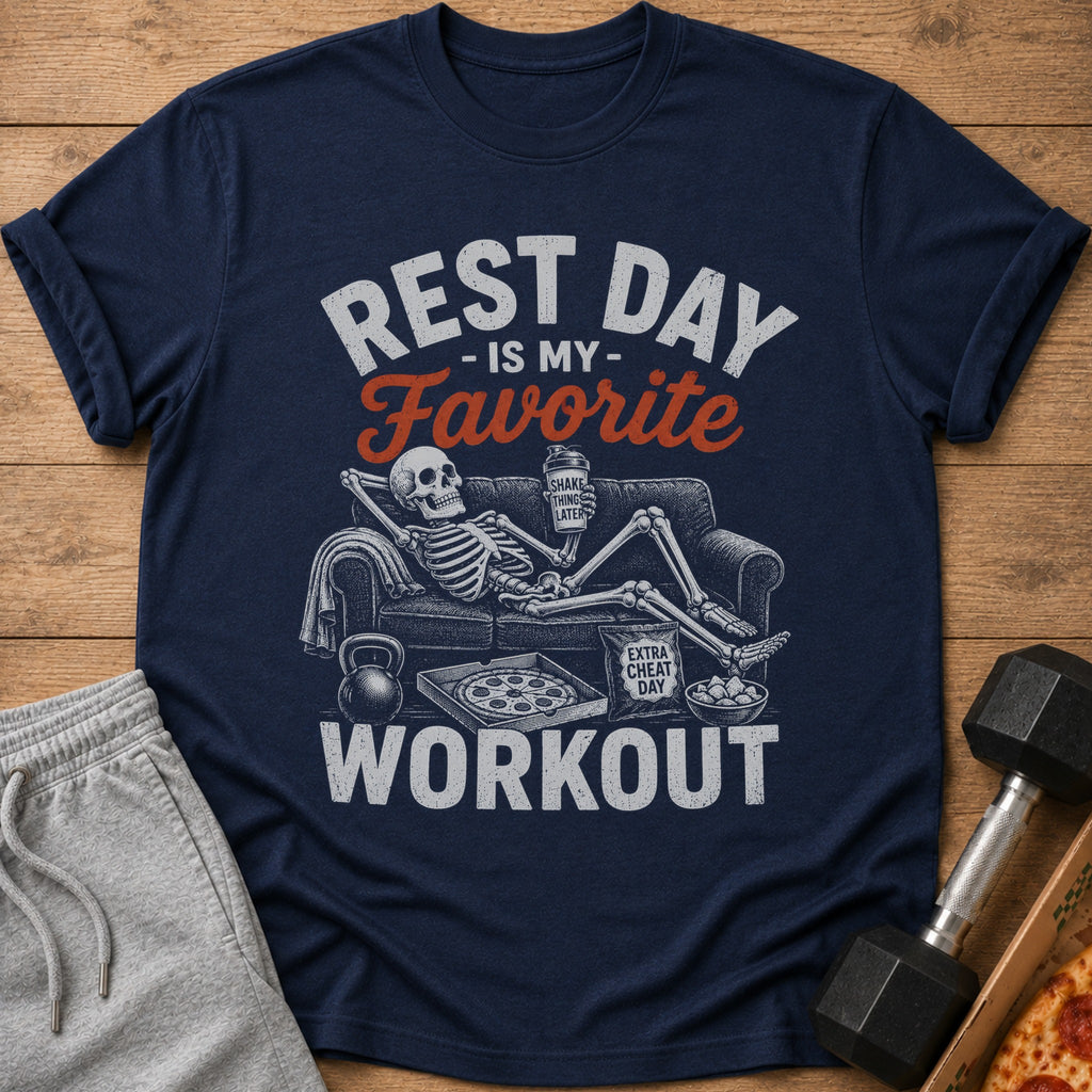 Navy t-shirt with text "REST DAY IS MY FAVORITE WORKOUT" and skeleton on couch.