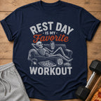 Navy t-shirt with text "REST DAY IS MY FAVORITE WORKOUT" and skeleton on couch.