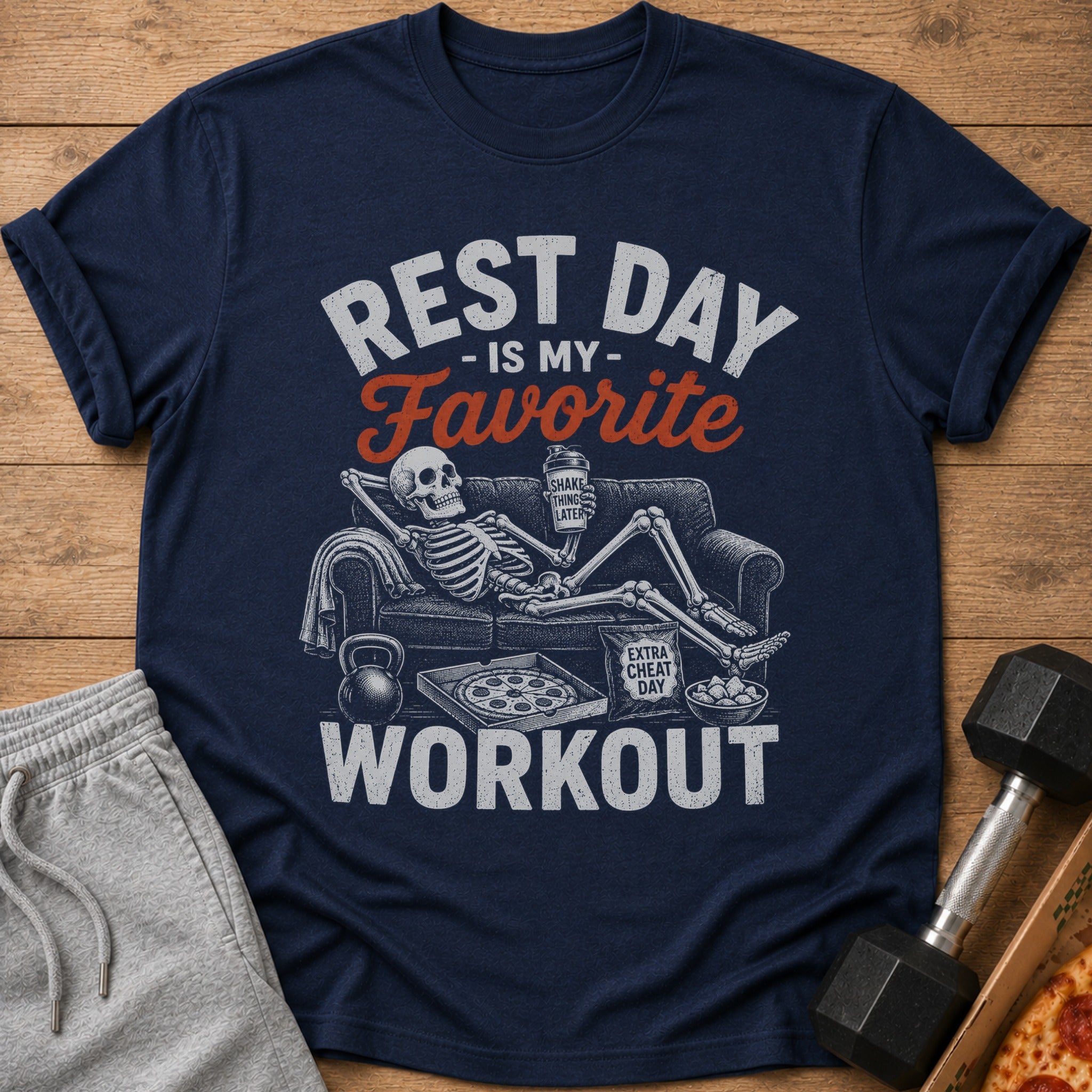 Navy t-shirt with text "REST DAY IS MY FAVORITE WORKOUT" and skeleton on couch.