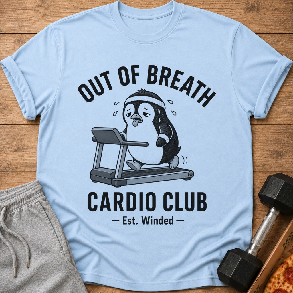Light blue t-shirt with cartoon penguin on treadmill and text "OUT OF BREATH CARDIO CLUB".