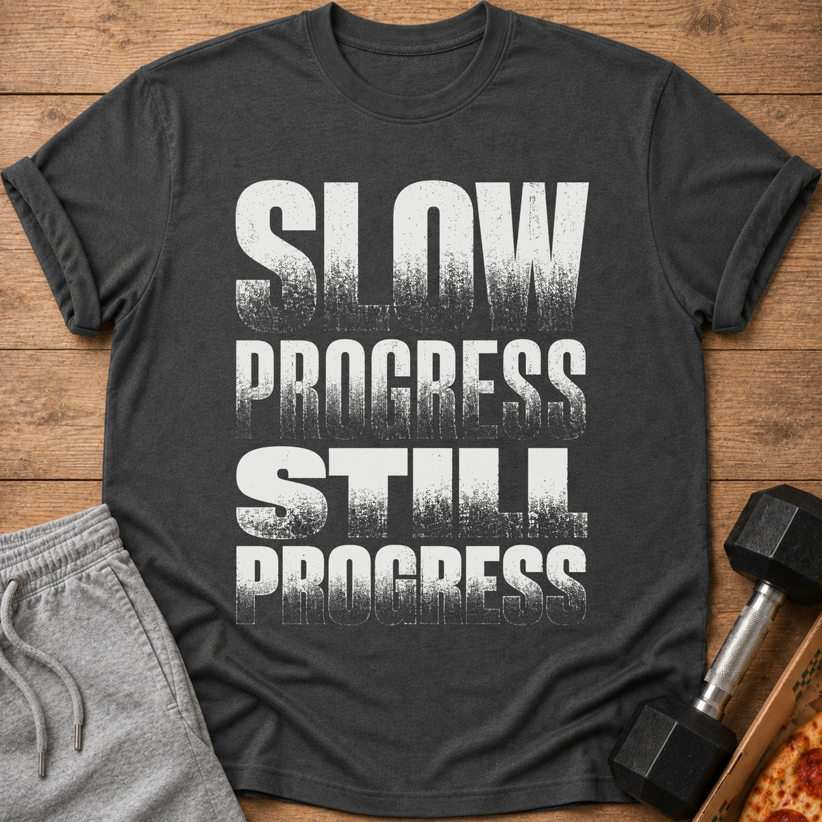 Dark gray t-shirt with white text reading "SLOW PROGRESS STILL PROGRESS".