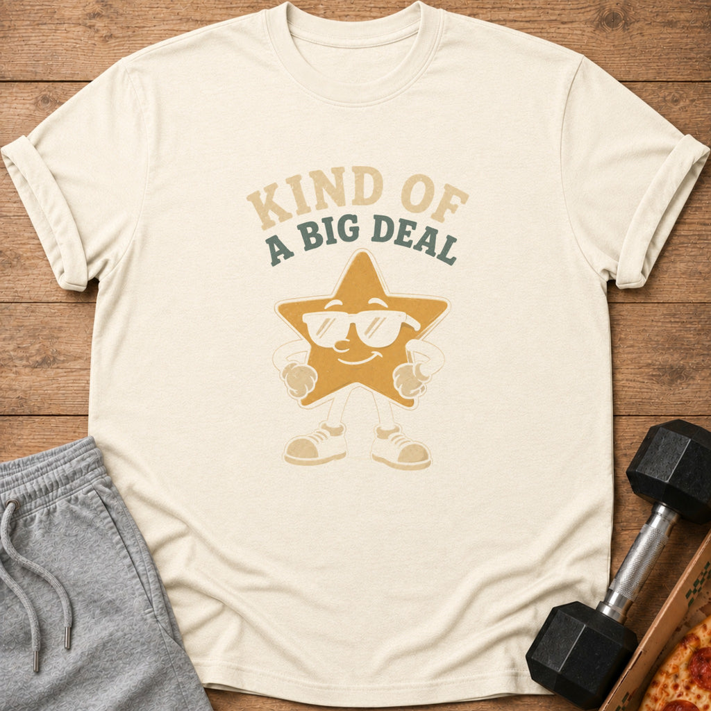 Cream t-shirt with cartoon star wearing sunglasses and text "Kind of a Big Deal".
