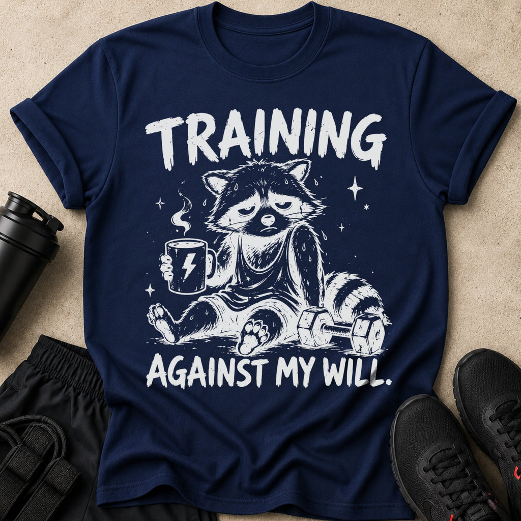 Navy t-shirt with distressed graphic of a tired raccoon holding coffee next to dumbbells.