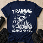 Navy t-shirt with distressed graphic of a tired raccoon holding coffee next to dumbbells.