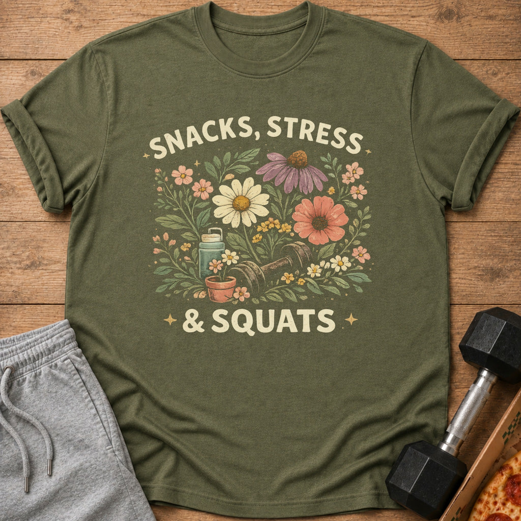 Olive green t-shirt with "Snacks, Stress & Squats" text and floral dumbbell design.