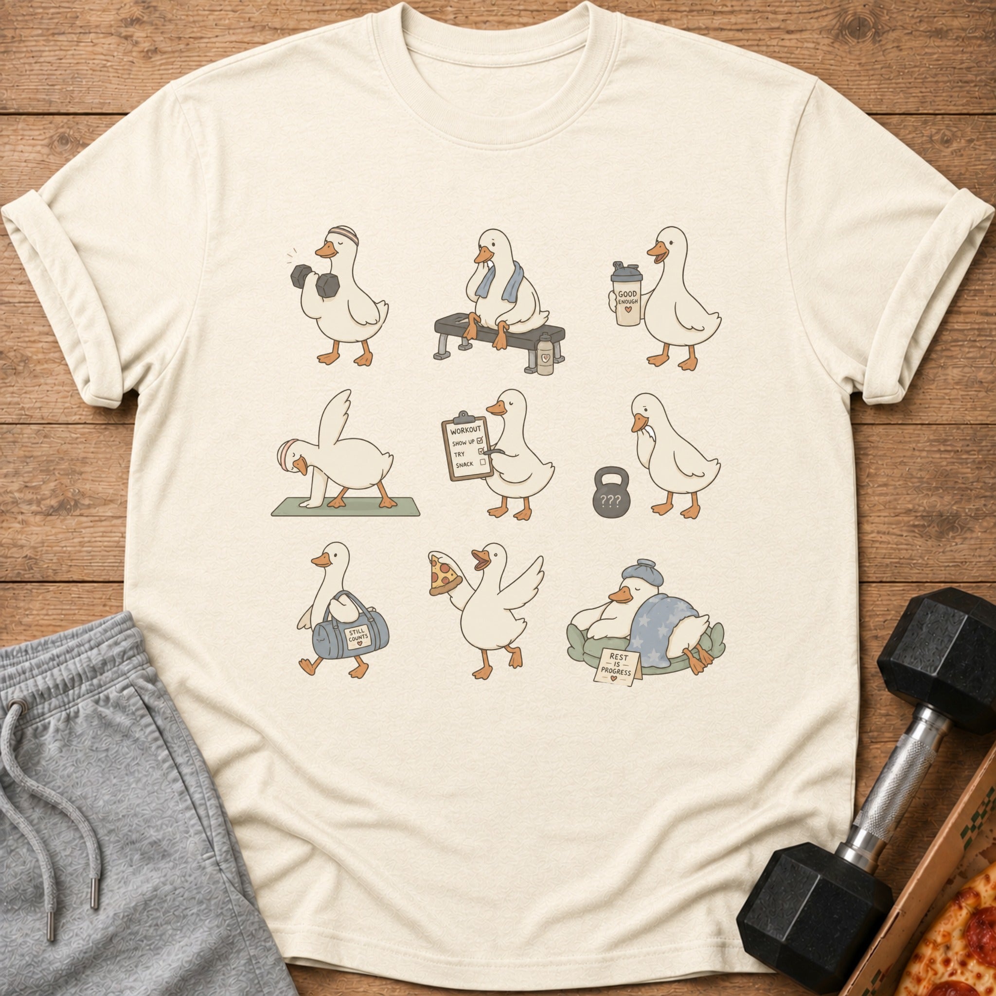 T-shirt with cartoon ducks exercising, holding weights, pizza, and resting.