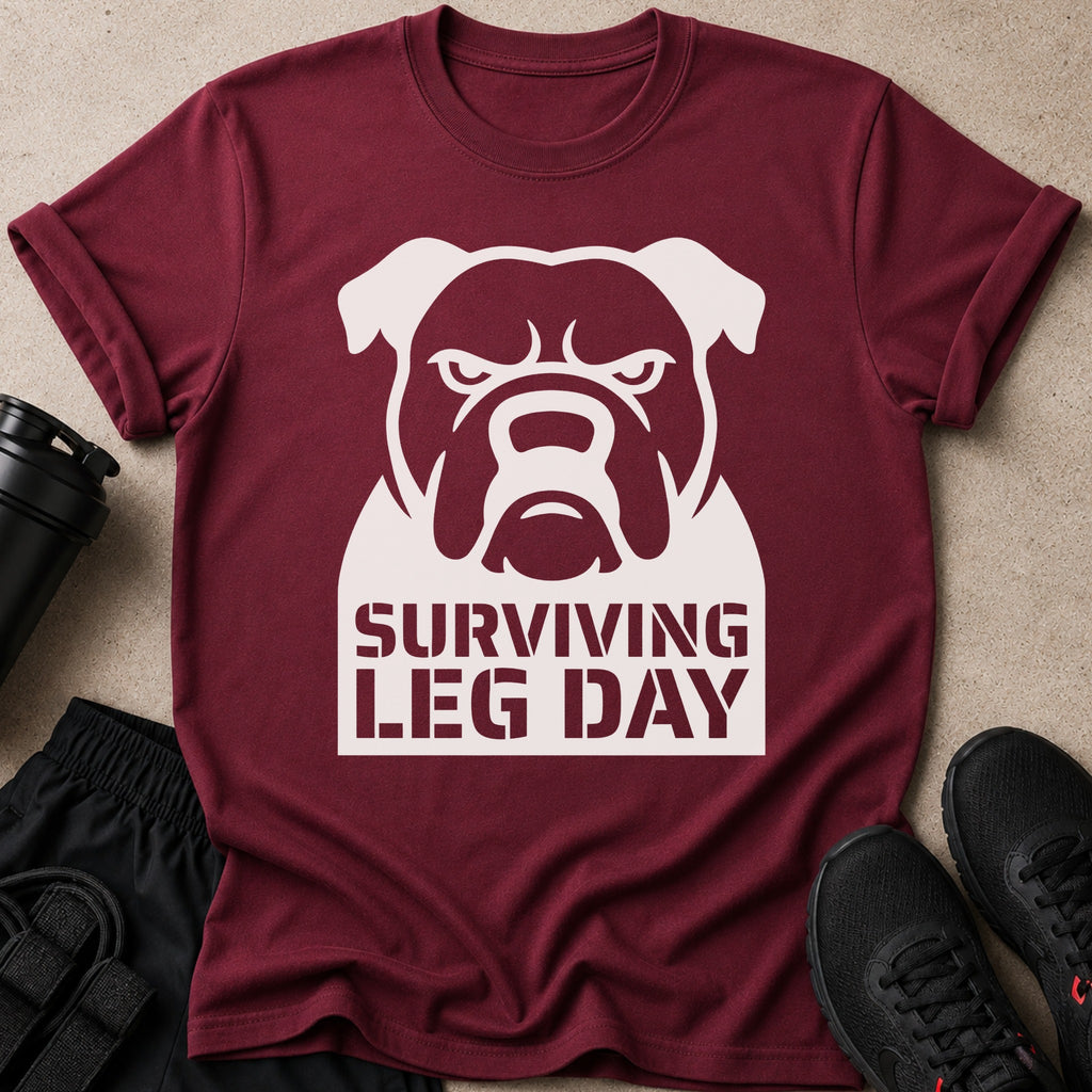 Maroon t-shirt with a white bulldog graphic and "SURVIVING LEG DAY" text.