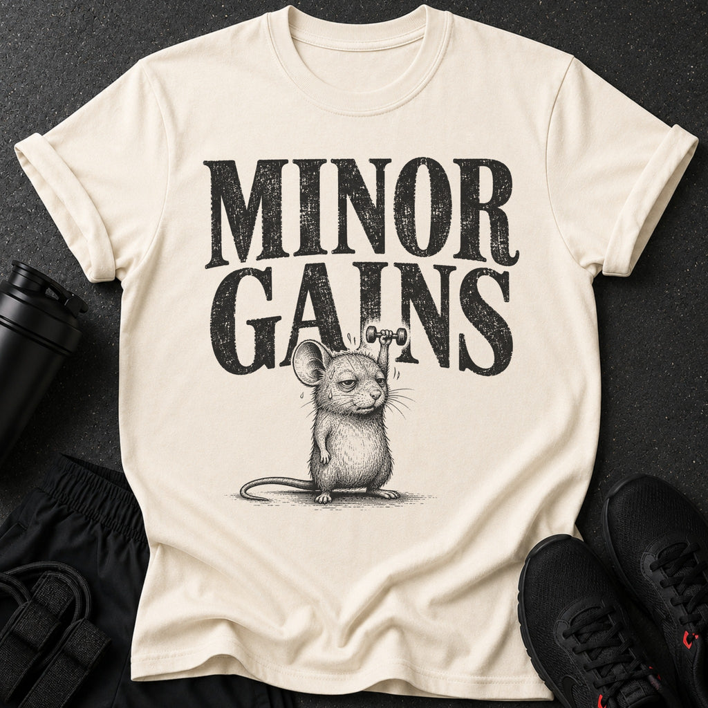 T-shirt with "Minor Gains" text and drawing of a mouse lifting a dumbbell.