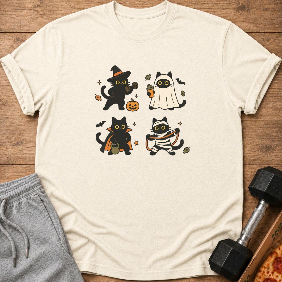 Four cartoon cats dressed in Halloween costumes: witch, ghost, vampire, and mummy.