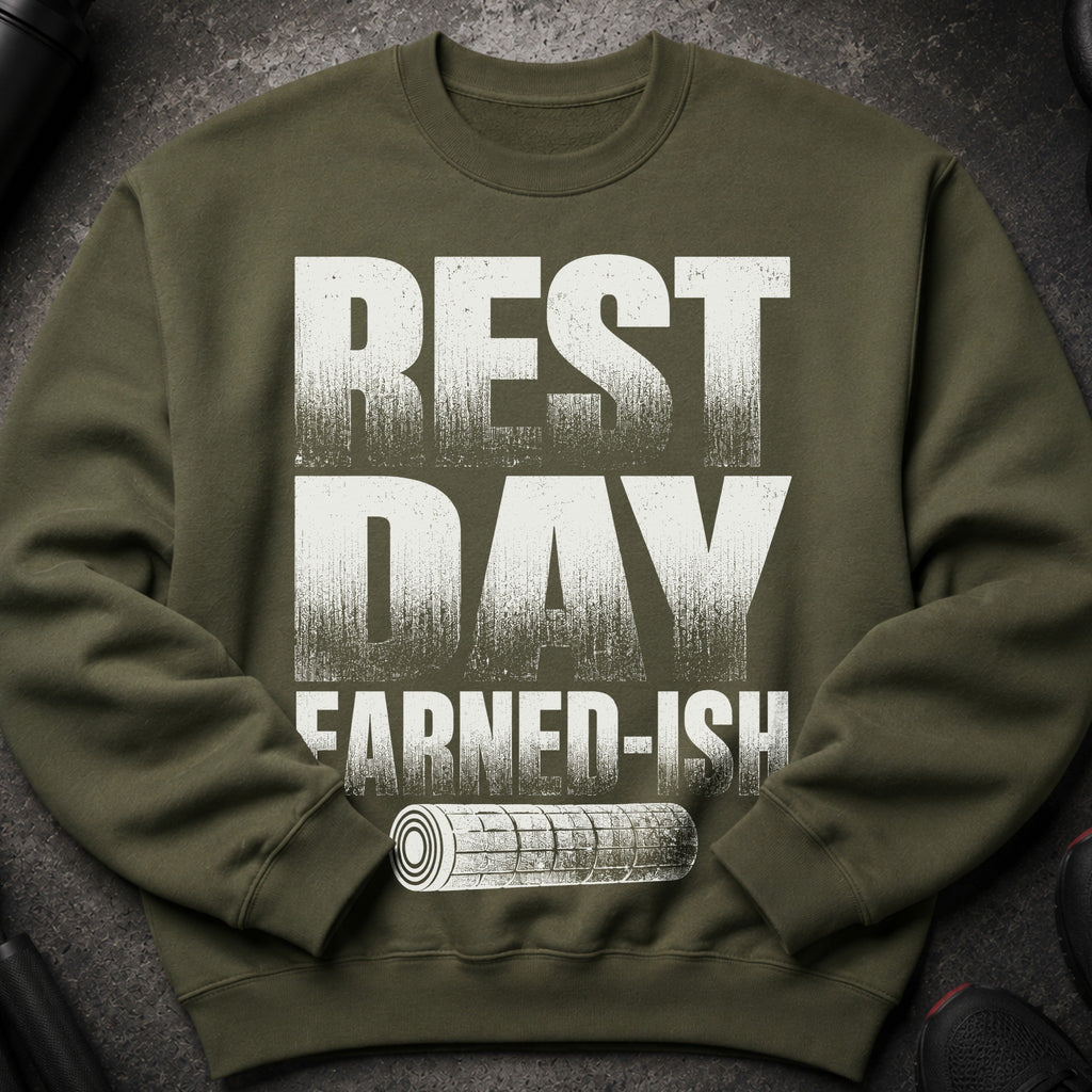 Olive green sweatshirt with "REST DAY EARNED-ISH" and a rolled-up mat graphic.