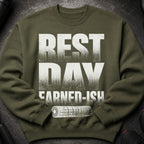 Olive green sweatshirt with "REST DAY EARNED-ISH" and a rolled-up mat graphic.