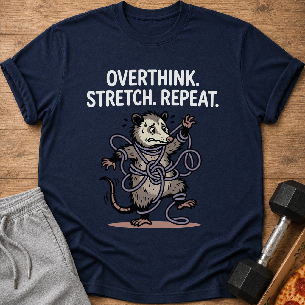 Navy t-shirt with text "Overthink. Stretch. Repeat." and a possum tangled in a rope.