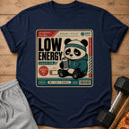 Navy t-shirt with a sad panda holding a can, text "Low Energy" and Japanese characters.