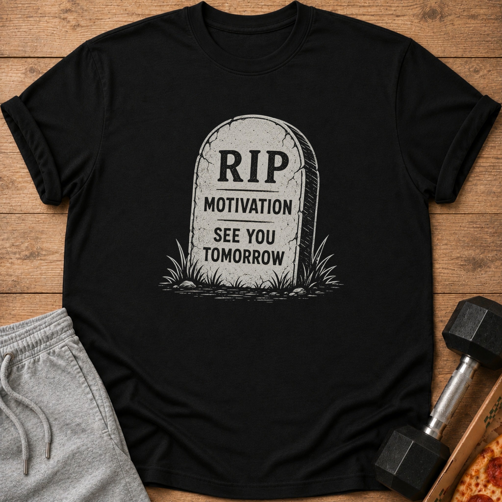 Black t-shirt with a tombstone graphic reading "RIP Motivation See You Tomorrow".