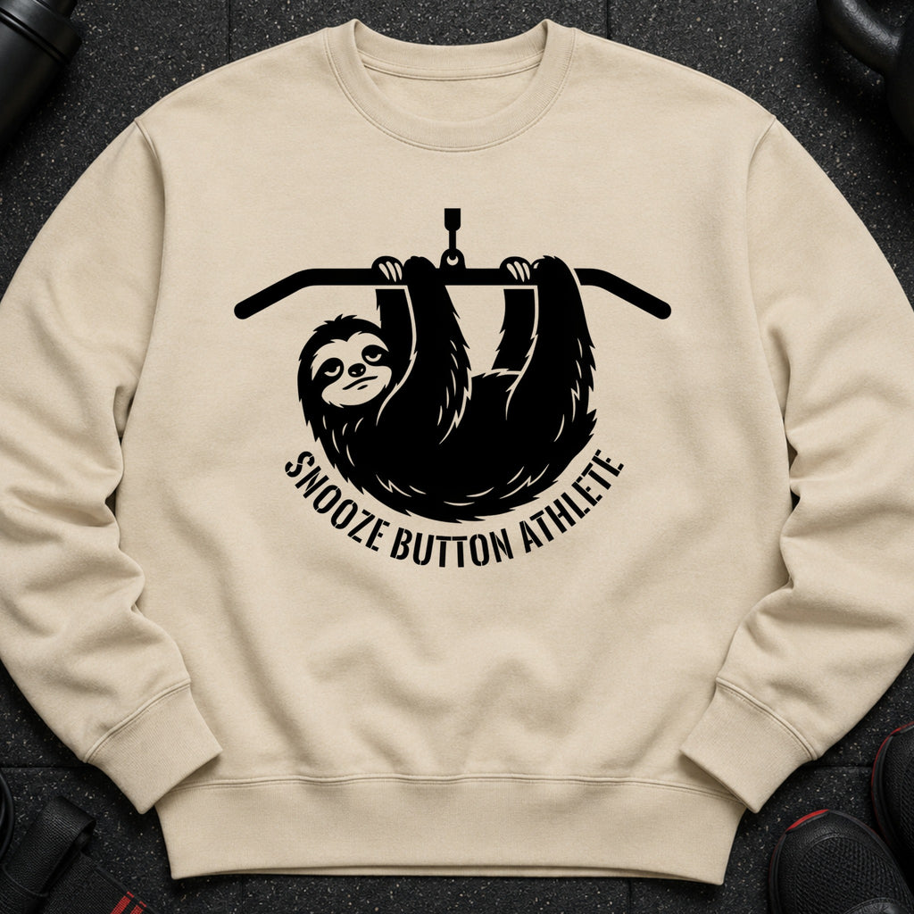 Tan sweatshirt with black graphic of a sloth hanging from a bar, text reads "Snooze Button Athlete".