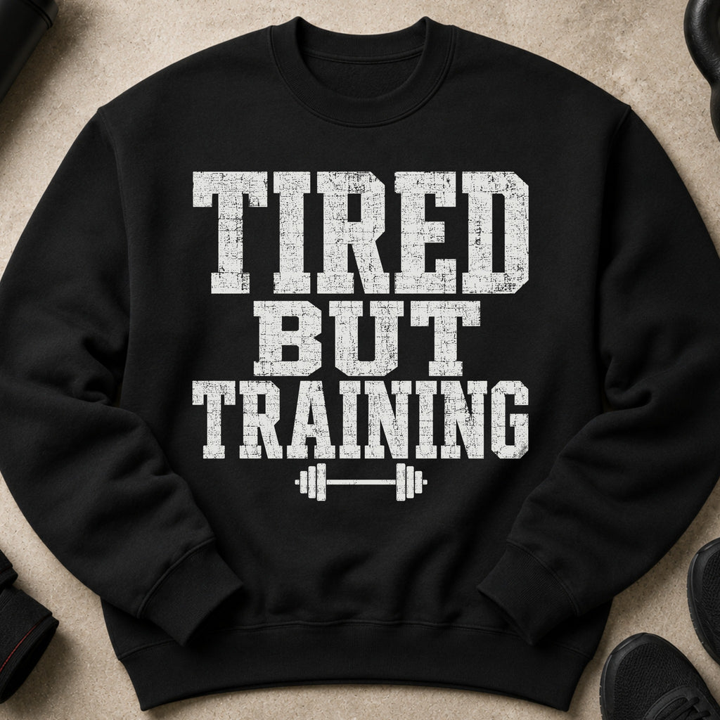 Black sweatshirt with white distressed text "TIRED BUT TRAINING" and barbell graphic.