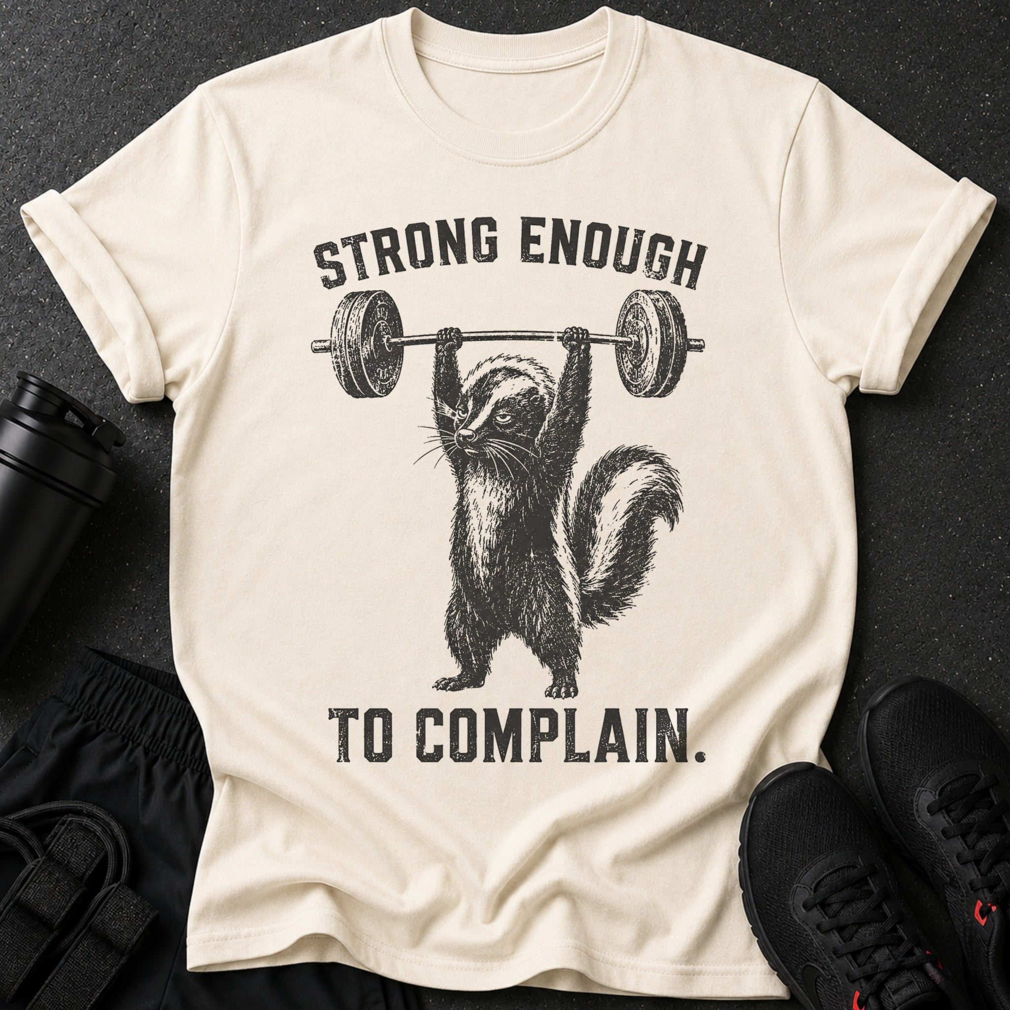 Beige t-shirt with skunk lifting barbell and text "STRONG ENOUGH TO COMPLAIN."