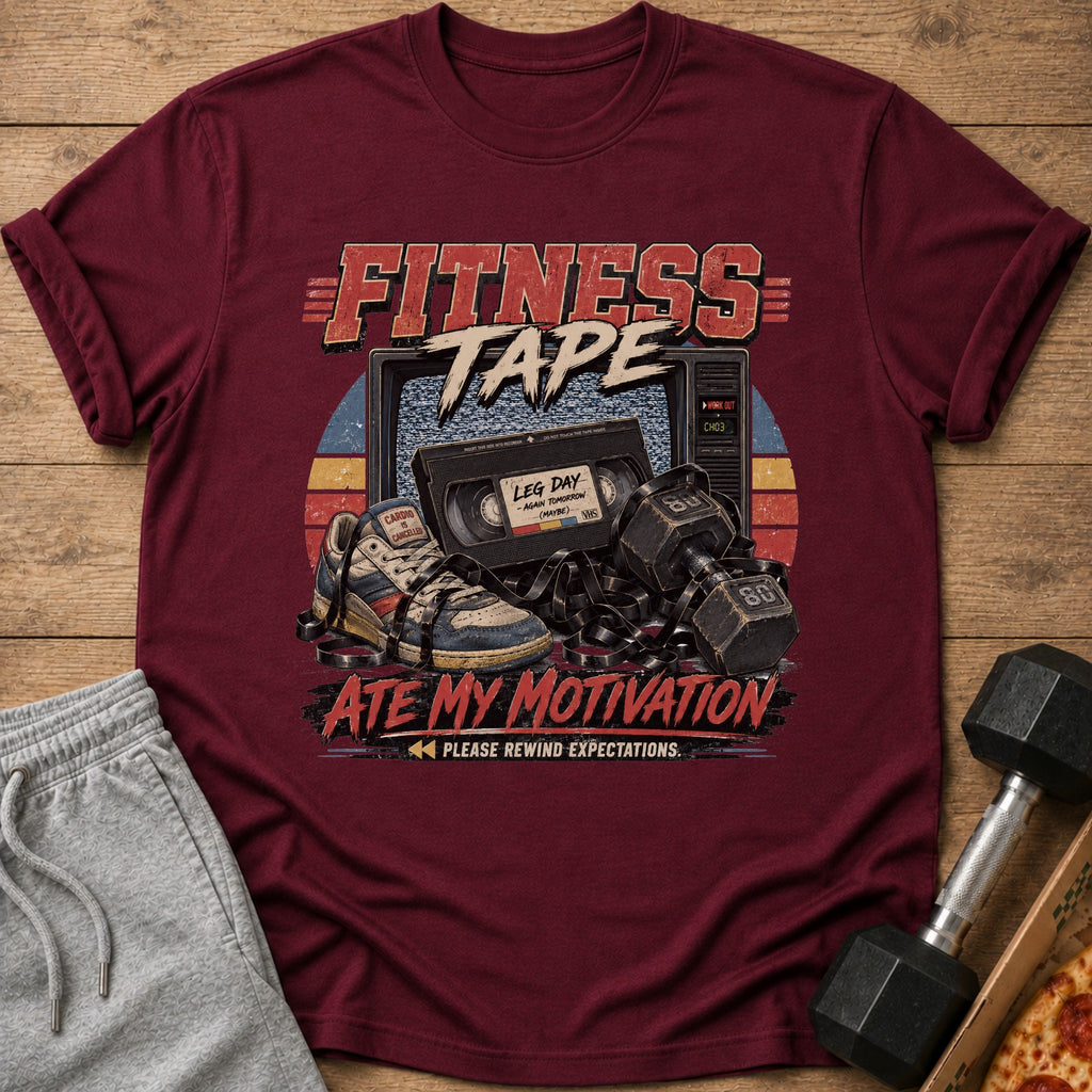 Fitness Tape shirt with a vintage TV, VHS, sneakers, and dumbbells.
