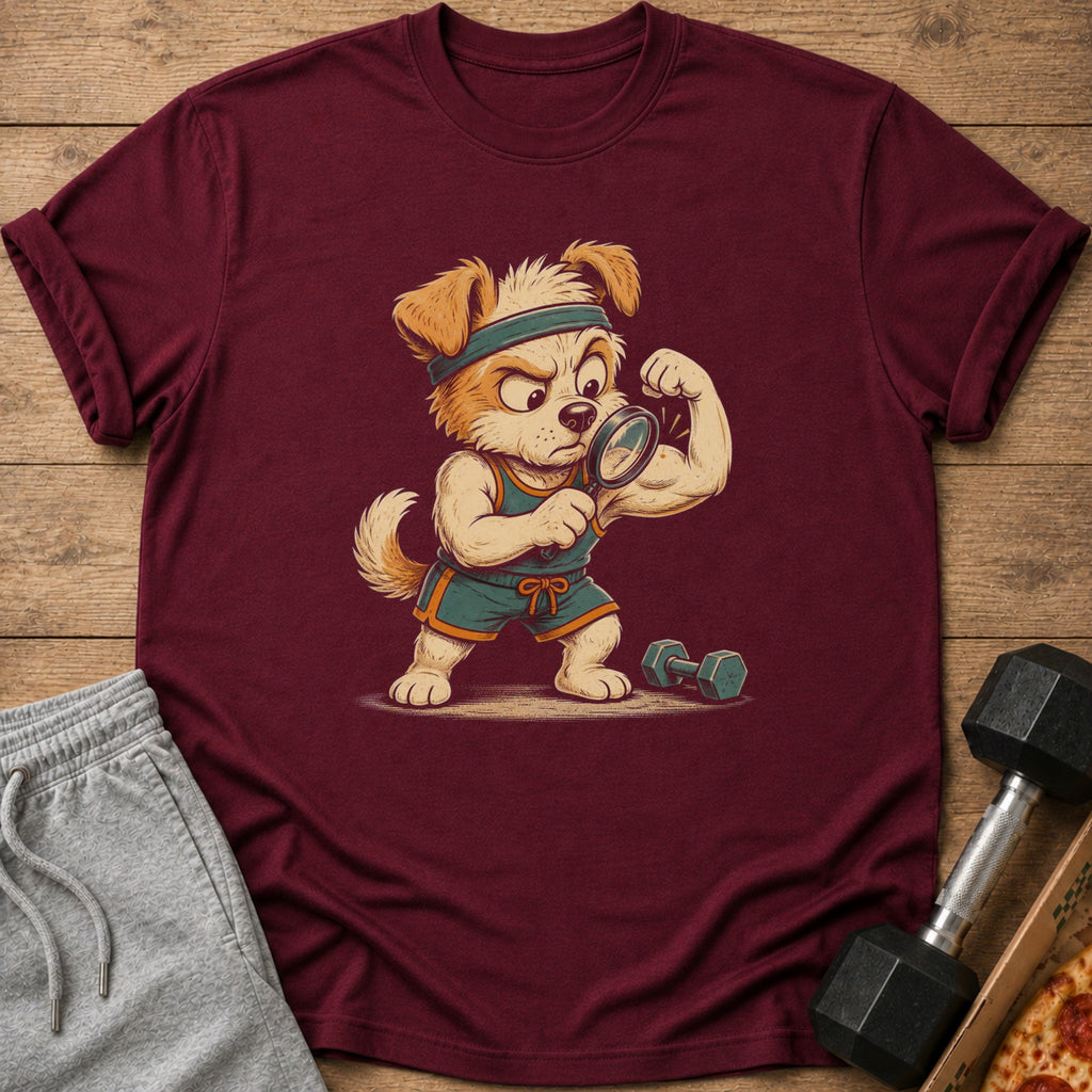 Cartoon dog in gym clothes flexing muscle and examining it with a magnifying glass.