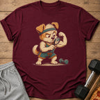 Cartoon dog in gym clothes flexing muscle and examining it with a magnifying glass.