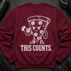 Maroon sweatshirt with white graphic of a pizza slice lifting weights and text "THIS COUNTS."