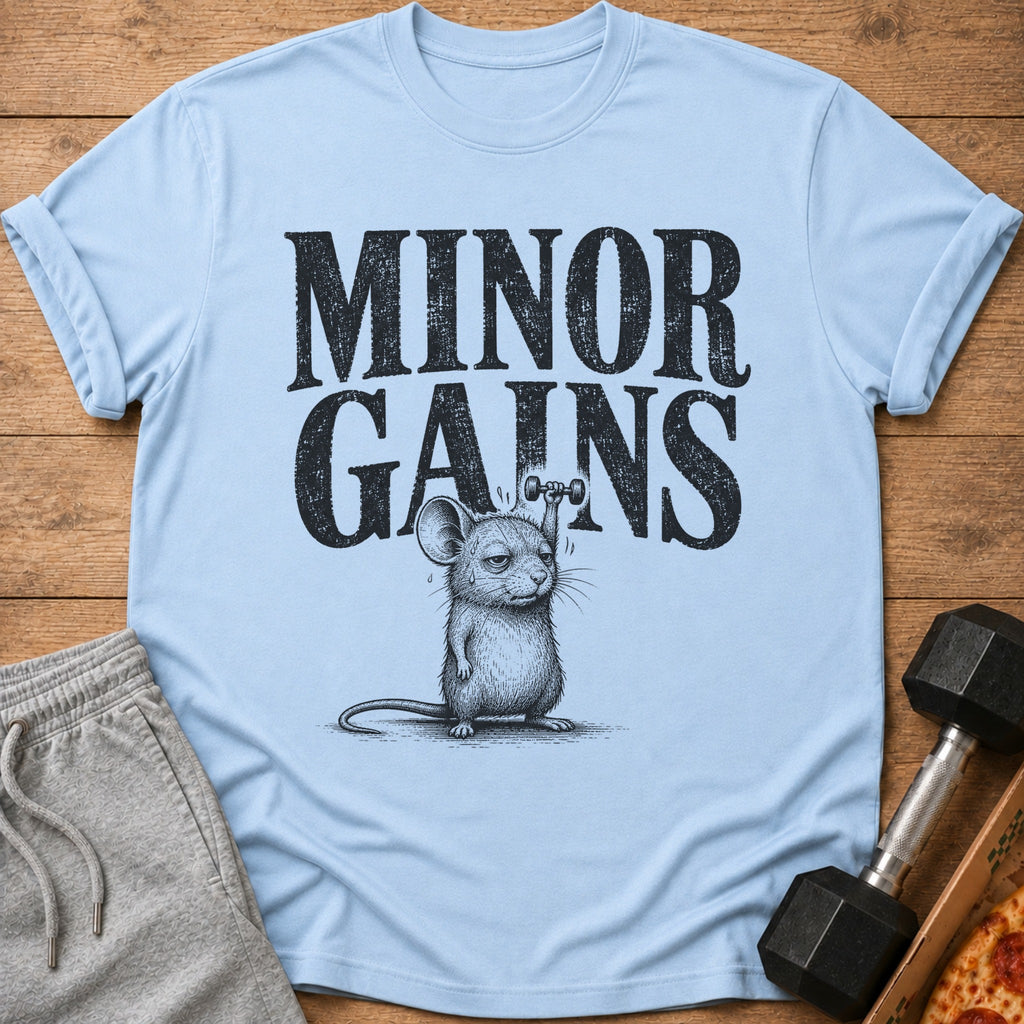 Light blue t-shirt with "MINOR GAINS" text and a mouse lifting a dumbbell.