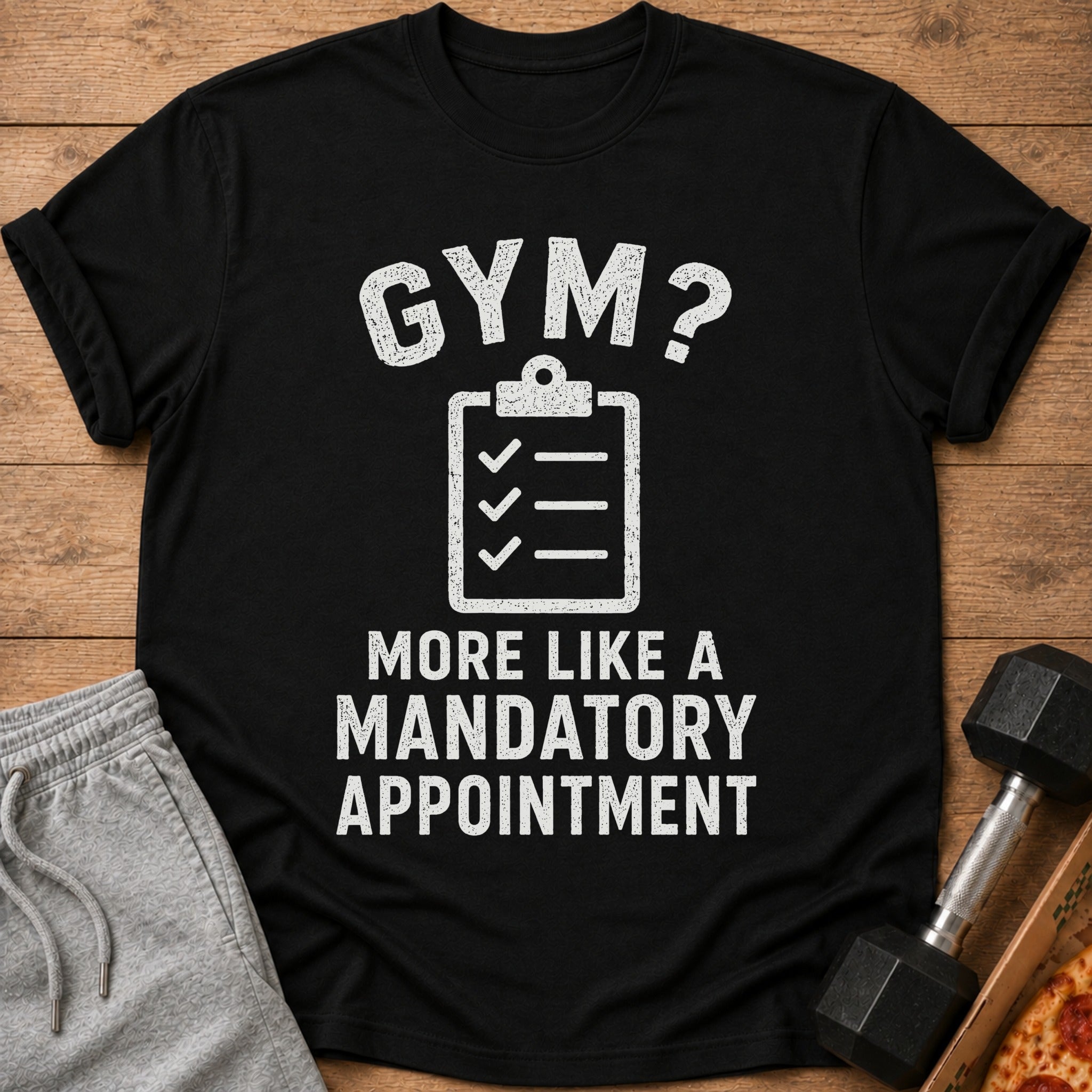 Black t-shirt with "GYM? More Like A Mandatory Appointment" text and checklist graphic.