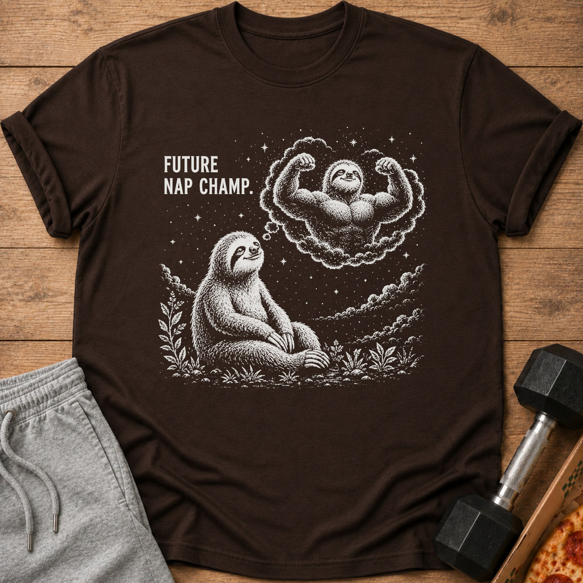 Brown t-shirt with a sloth dreaming of being a muscular "Future Nap Champ".