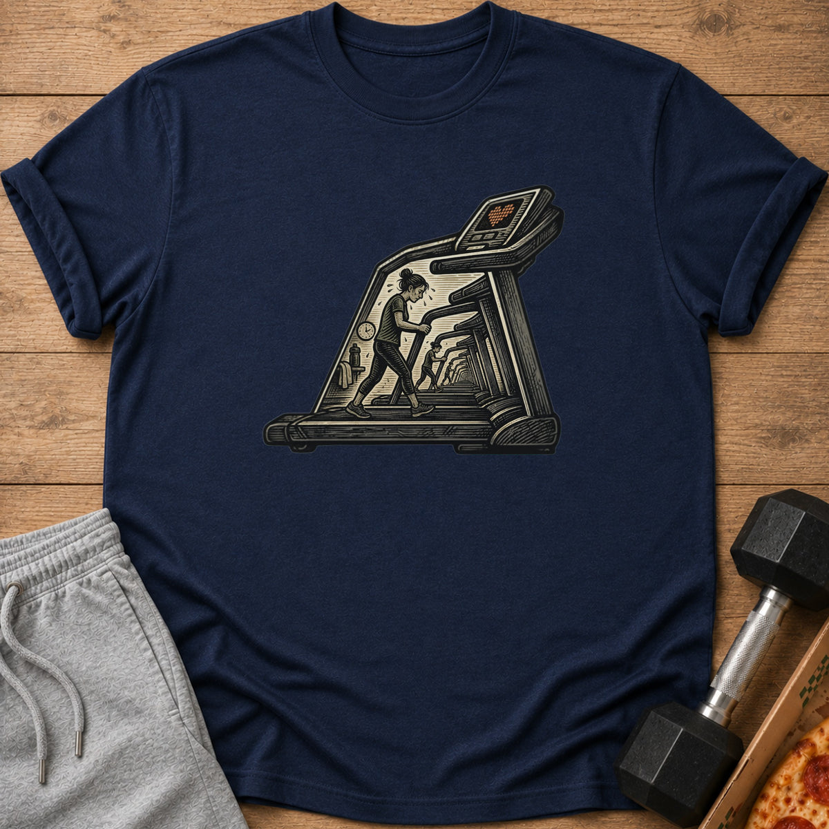 Treadmill graphic on navy t-shirt with workout and pizza props.