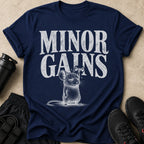 Navy t-shirt with distressed text "MINOR GAINS" and a cartoon mouse lifting a dumbbell.